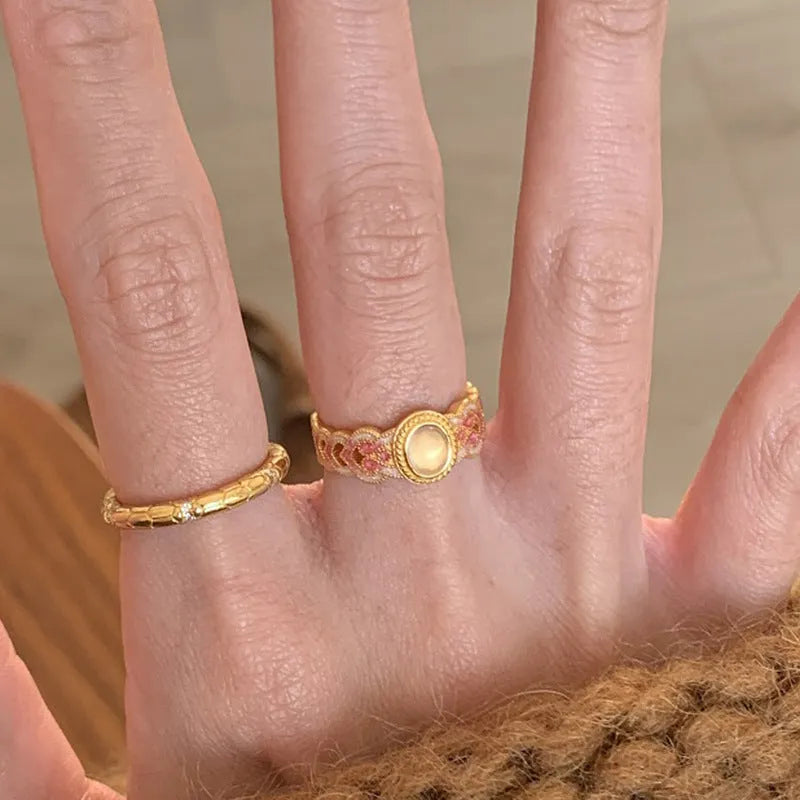 Pink crystal enamel open mouth ring with geometry shape design on copper gold plating
