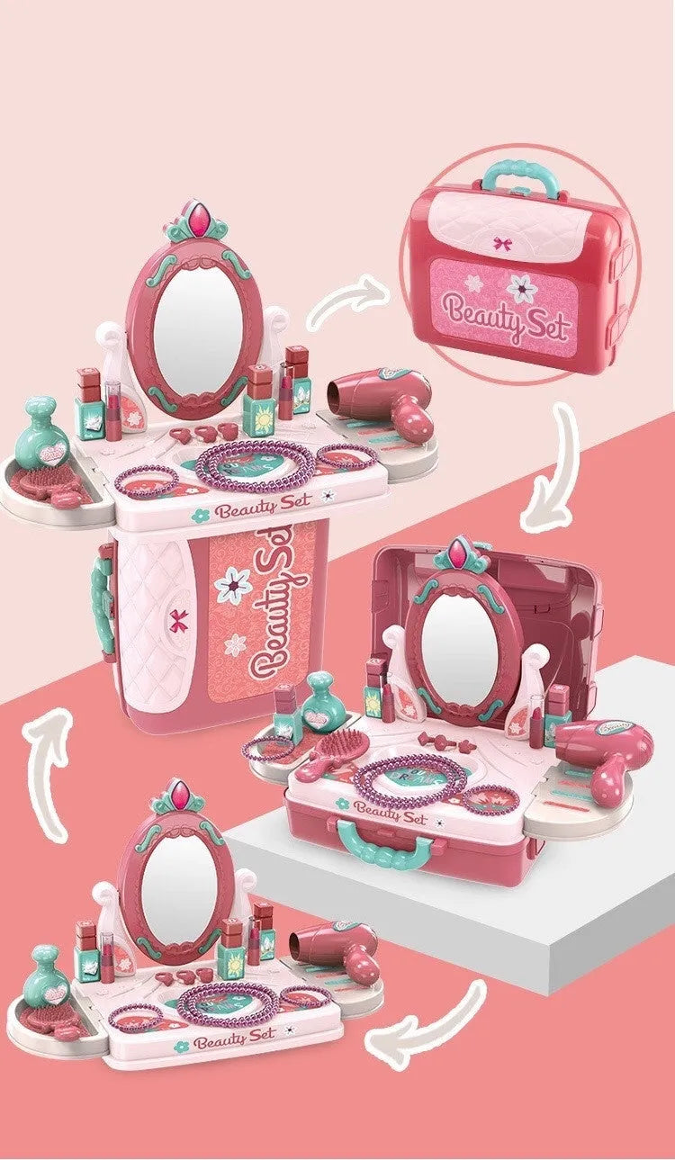 Children's plastic role-play toyset showing themed options for kitchen, tools, makeup, and doctor play.
