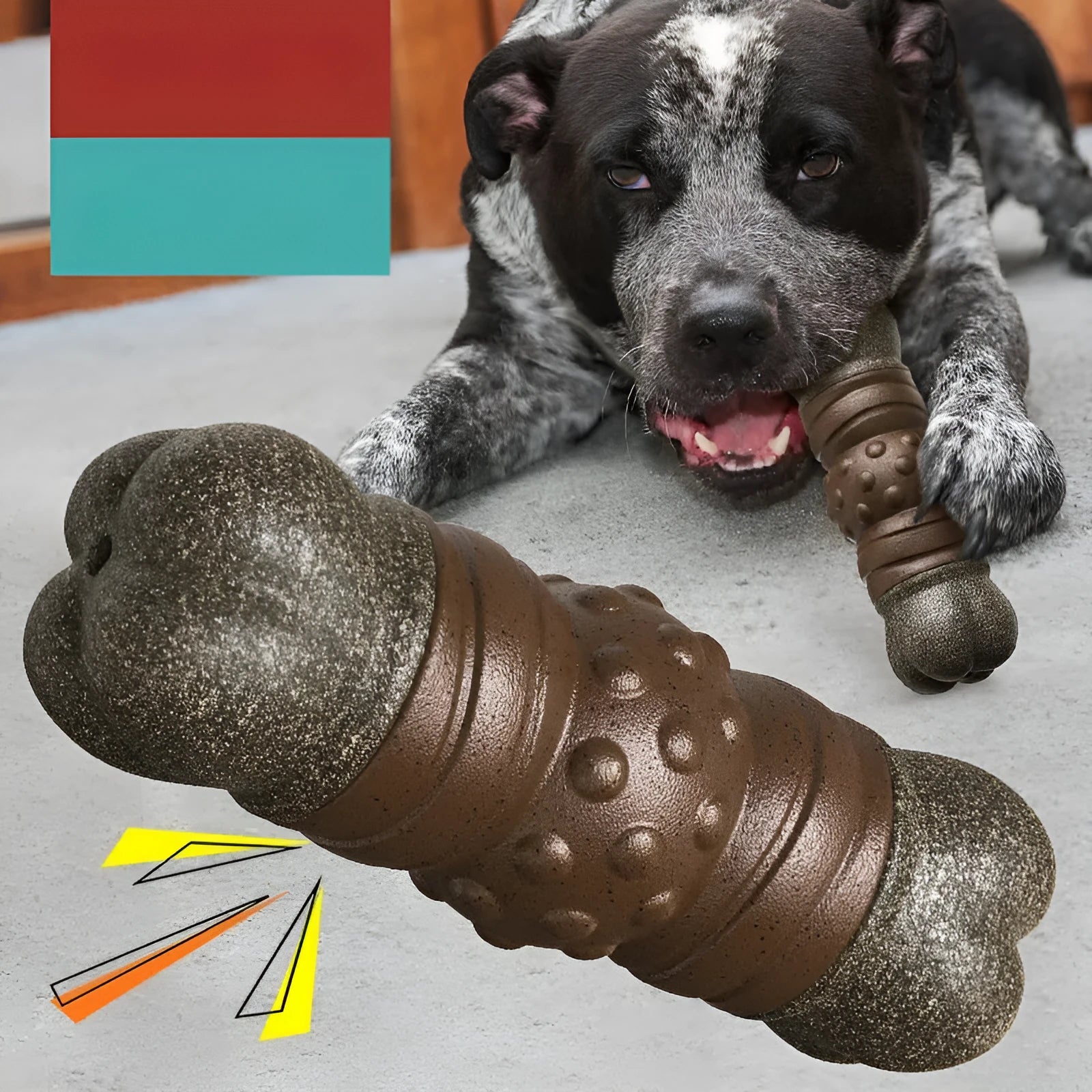 Wood-colour plastic sound-emitting dog molar chew toy measuring 20cm long
