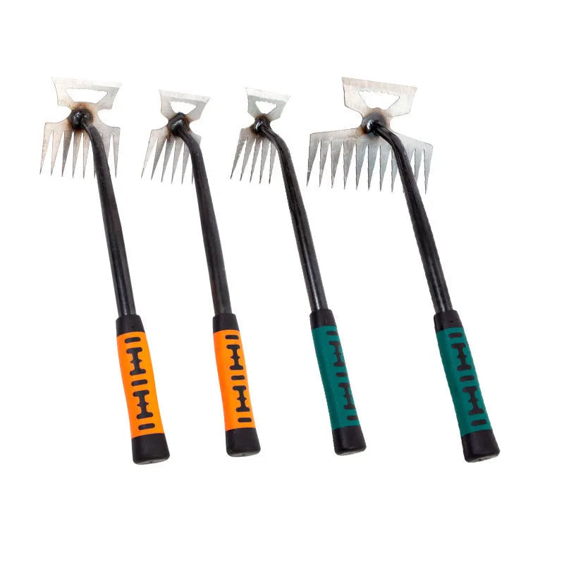 Green steel handled weeding rake with carbon steel head and 5 teeth for soil turning and planting