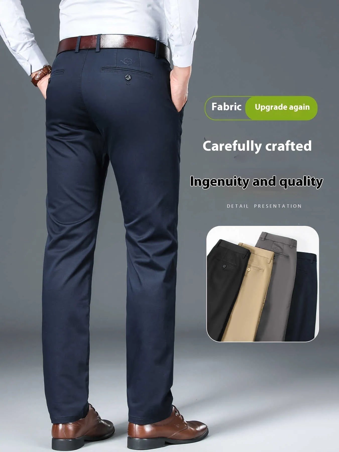 Men's straight leg trousers in black, shown on a hanger, featuring a non-iron stretch fabric blend.