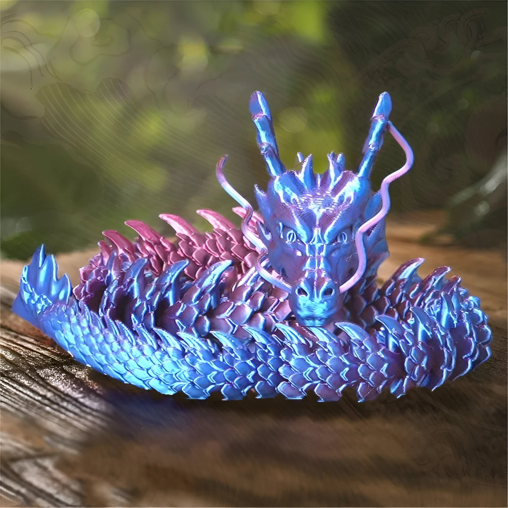 3D printed plastic dragon car decoration ornament in multiple colour options on a car dashboard.
