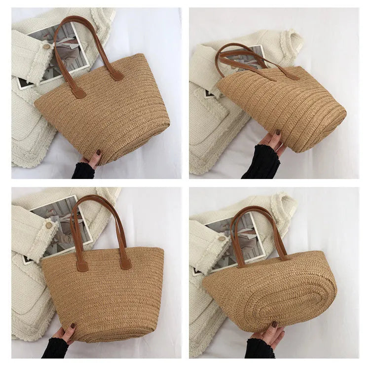 Straw weaving women's handbag in off white with contrast colour detailing