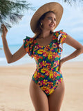 Women's one-piece swimsuit with a U-neck collar featuring lace detail, shown in a solid colour.