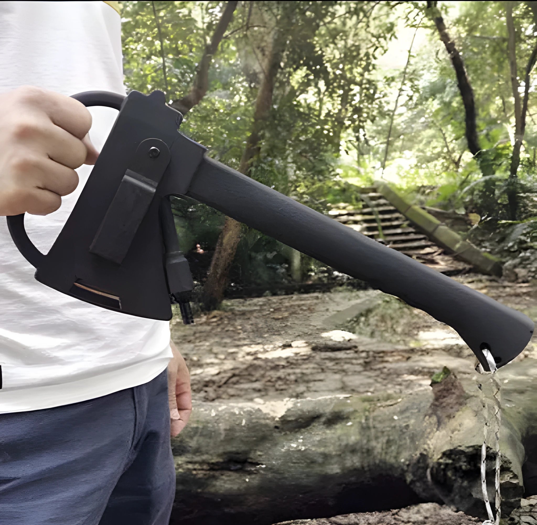 Black multifunctional outdoor survival tactical axe with stainless steel blade and K sheath, 35.3cm long, on a dark background.