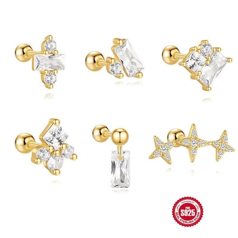 Sterling silver ear studs with square gravel texture on flower shape in golden electroplated finish