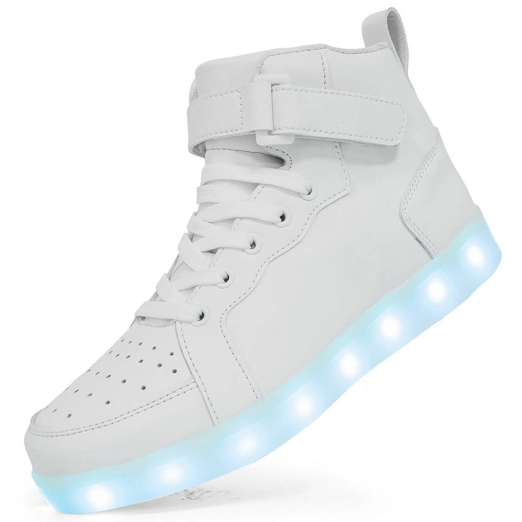 LED light up high-top sneakers in multiple colours on a dark background, showing Velcro strap and illuminated soles.