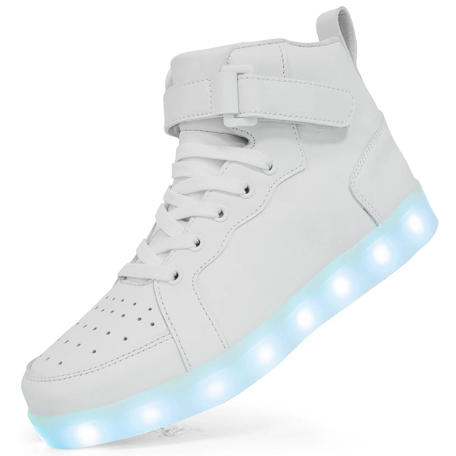 LED light up high-top sneakers in multiple colours on a dark background, showing Velcro strap and illuminated soles.
