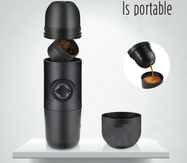 Black portable manual espresso coffee machine with stainless steel parts, shown at 17.5cm height.