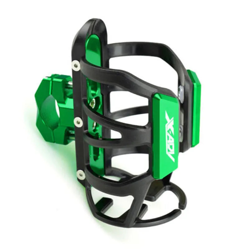 Modified black water bottle cage mounted on a Honda X-ADV scooter bumper