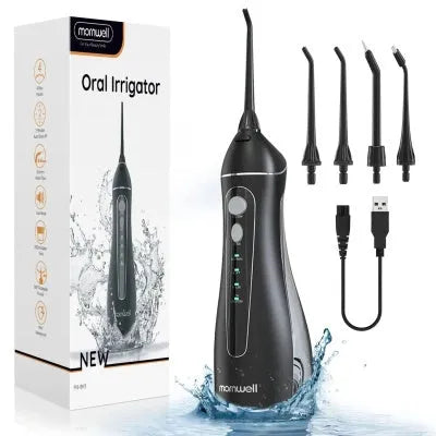 Black portable oral irrigator water flosser with built-in battery for adult home dental care.