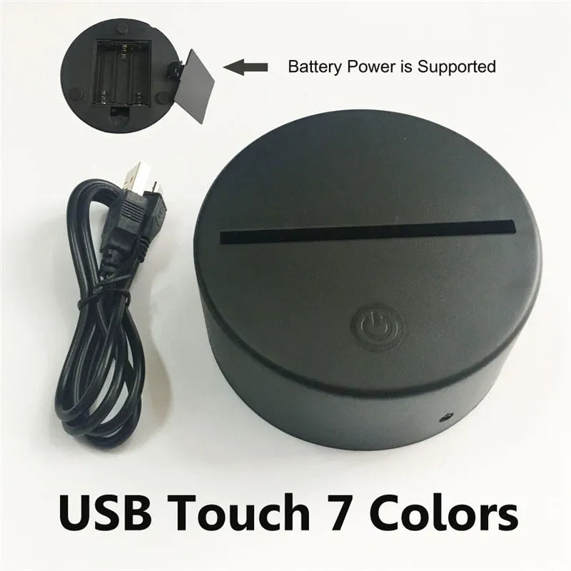 USB 3D Earth globe night light with black ABS base, acrylic plate, and USB cable, showing seven colour RGB illumination.