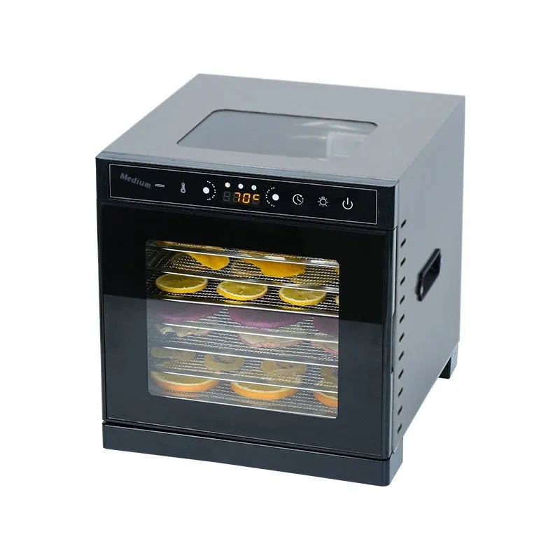 Stainless steel fruit dehydrator appliance with a visual skylight lid and multiple drying trays