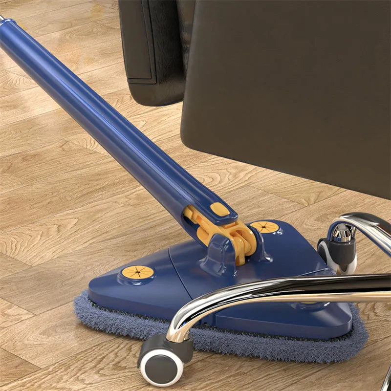 Blue triangle cleaning mop with rotating head and extendable stainless steel pole on tile floor