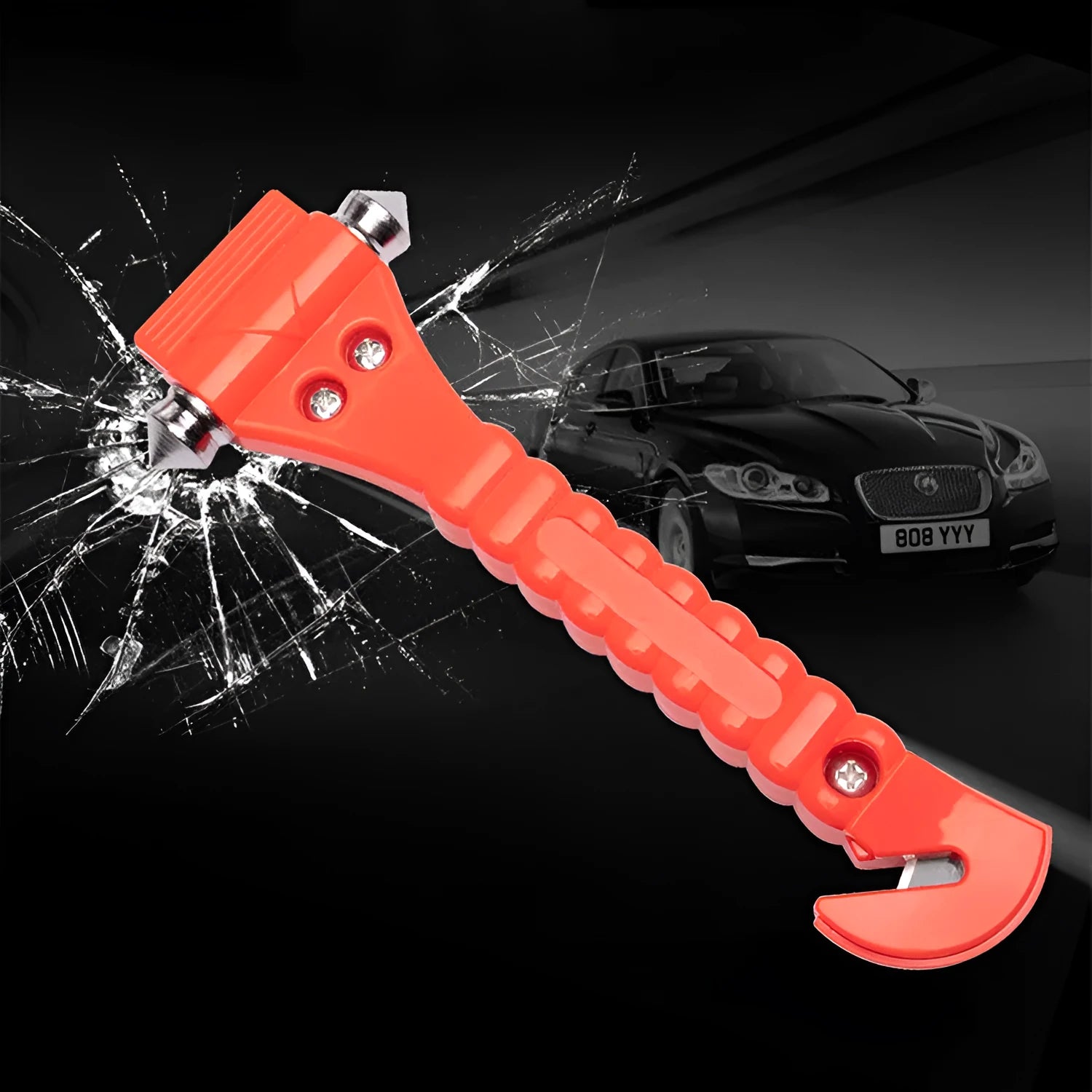 Red car emergency hammer with window breaker and seatbelt cutter made from ABS and carbon steel