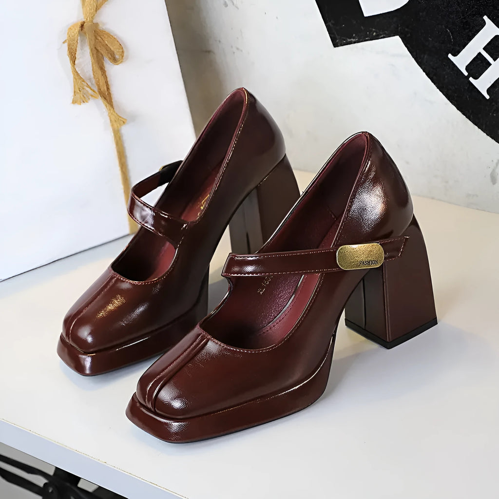 Retro platform high heel sandals with metal buckle strap in Anchor Red colour, square toe and square heel