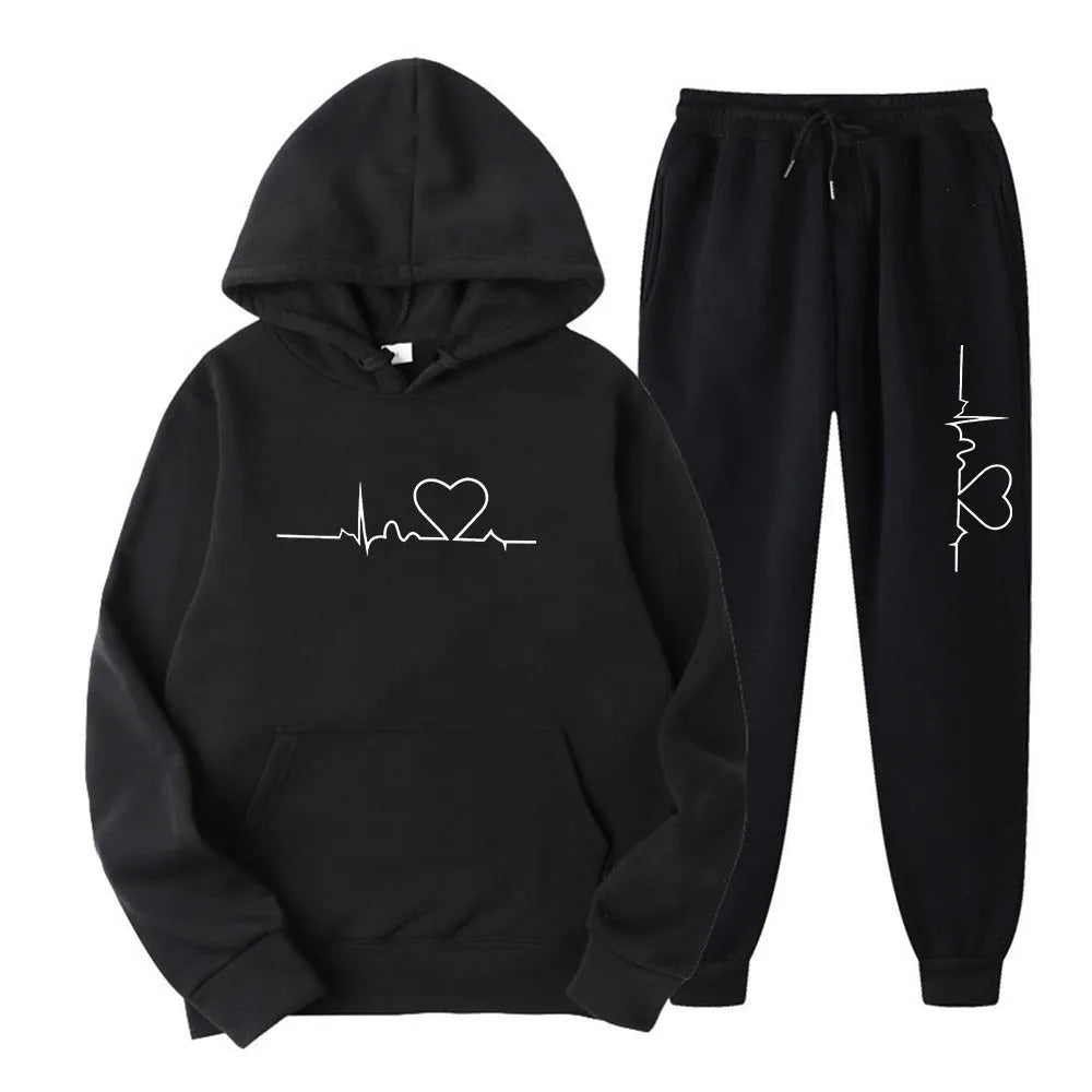 Fleece-lined heart figure hoodie suit for men and women in autumn winter casual style with trousers