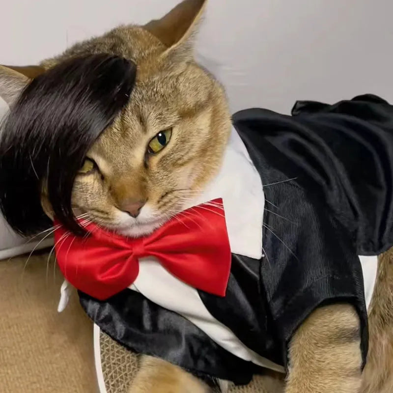 Black polyester cat wig with imitation braid, 20 cm length, for pet dress-up.