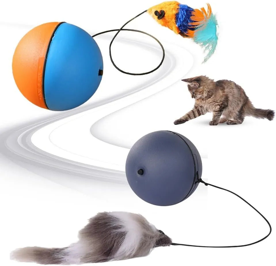 Blue and orange automatic rolling ball pet toy for cats and dogs on a wooden floor.