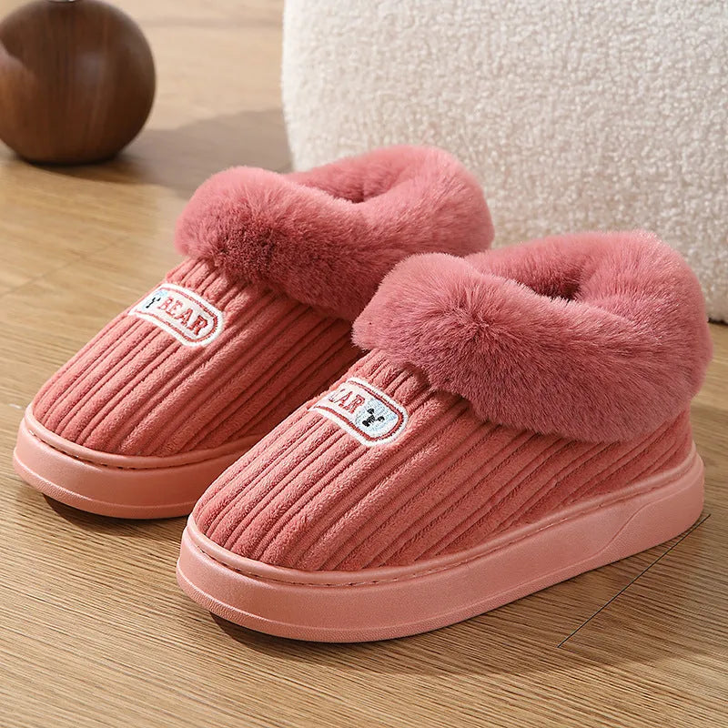 Winter warm house slippers with covered heel, cotton upper, artificial fur lining, and thick non-slip PVC sole in Coffee, Grey, Pink, and Wine Red.
