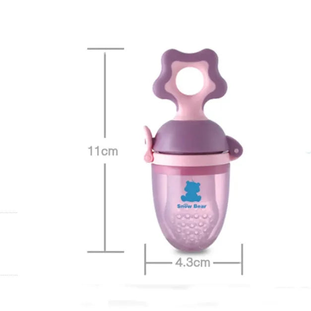 Green and purple silicone baby teether with textured chewing surfaces and a central handle.