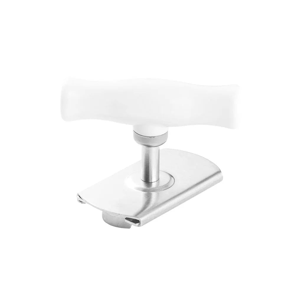 White adjustable stainless steel bottle opener with gear mechanism and PP handle on a plain background.