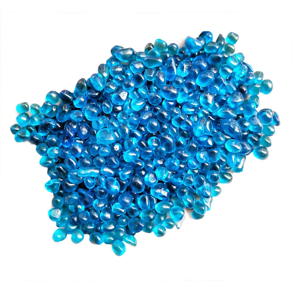 Round glass sand beads in sea blue colour, 3-6mm particles, for aquarium landscaping decoration, 500g pack
