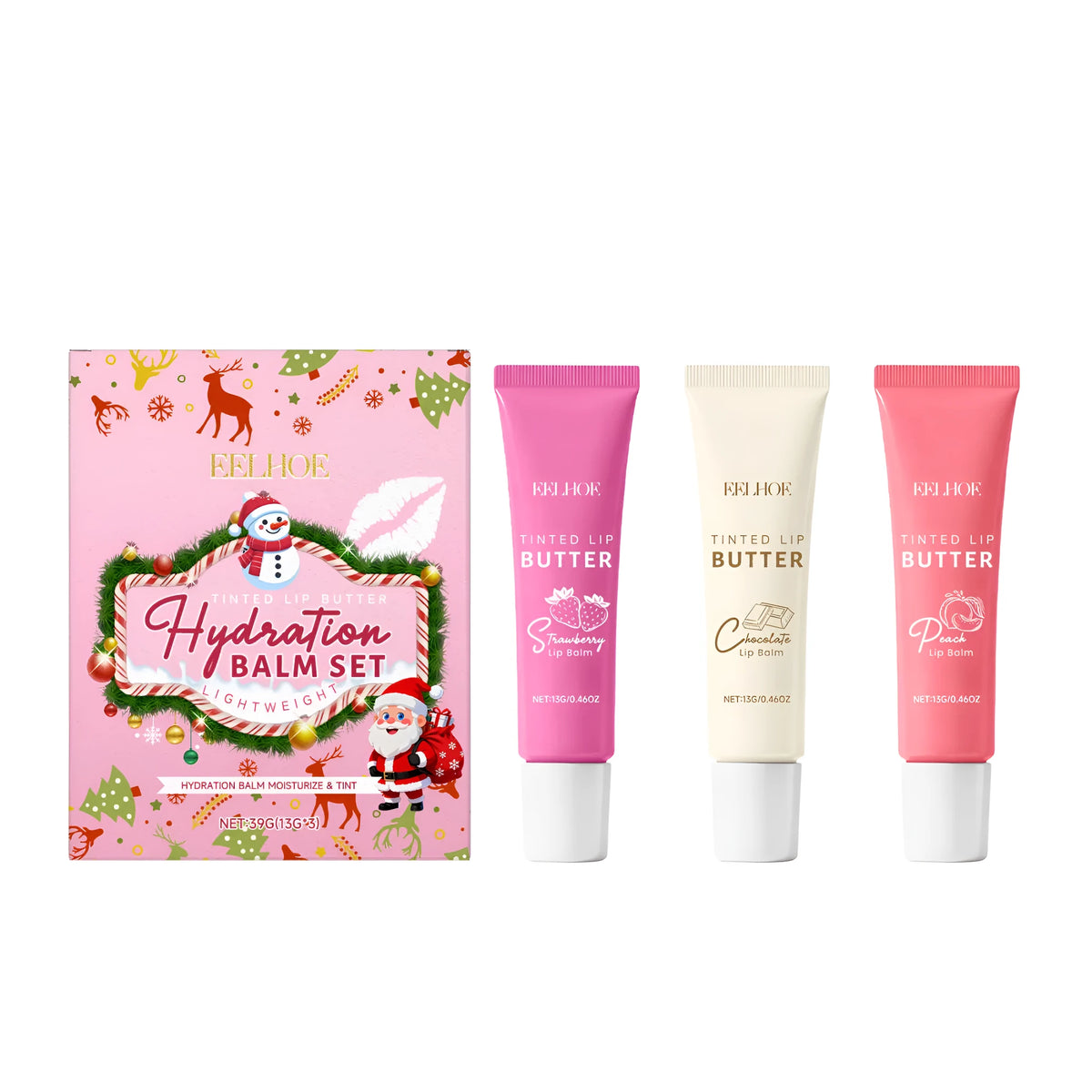 Coloured lip balm set with three 13g balms in strawberry, chocolate, and peach flavours, 39g total.