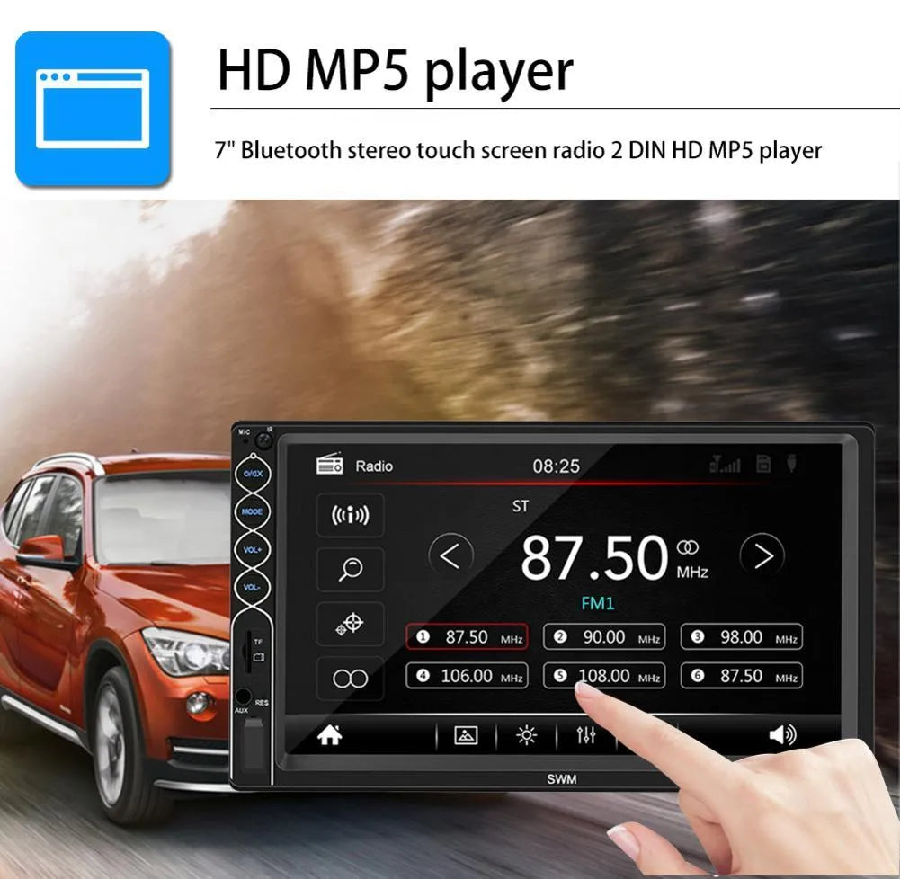 7-inch double DIN car MP5 player with Bluetooth and USB touchscreen in black