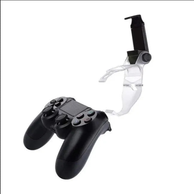 Black PS4 controller clip holding a mobile phone, with a micro USB OTG cable connected.