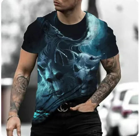 Retro 3D animal print on a men's short-sleeved light grey t-shirt, showing the pullover style and bird eye cloth texture.