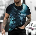 Retro 3D animal print on a men's short-sleeved light grey t-shirt, showing the pullover style and bird eye cloth texture.
