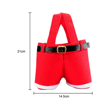 Festive Christmas-themed tote bag in the shape of Santa's iconic red pants, perfect for holding holiday treats and gifts