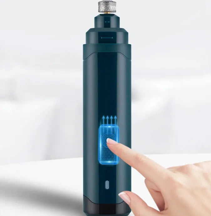 Blue pet electric nail polisher with 2 speeds, quiet motor, and rough grinding wheel