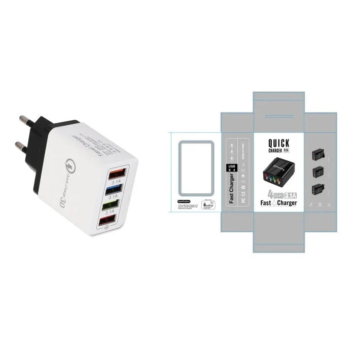 4-port USB wall charger with Quick Charge 3.0 technology for fast charging of smartphones and tablets