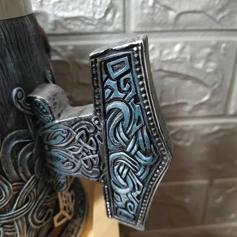 Viking Pirate Beer Mug hand-painted black resin with removable stainless steel insert, runic base and Mjolnir handle