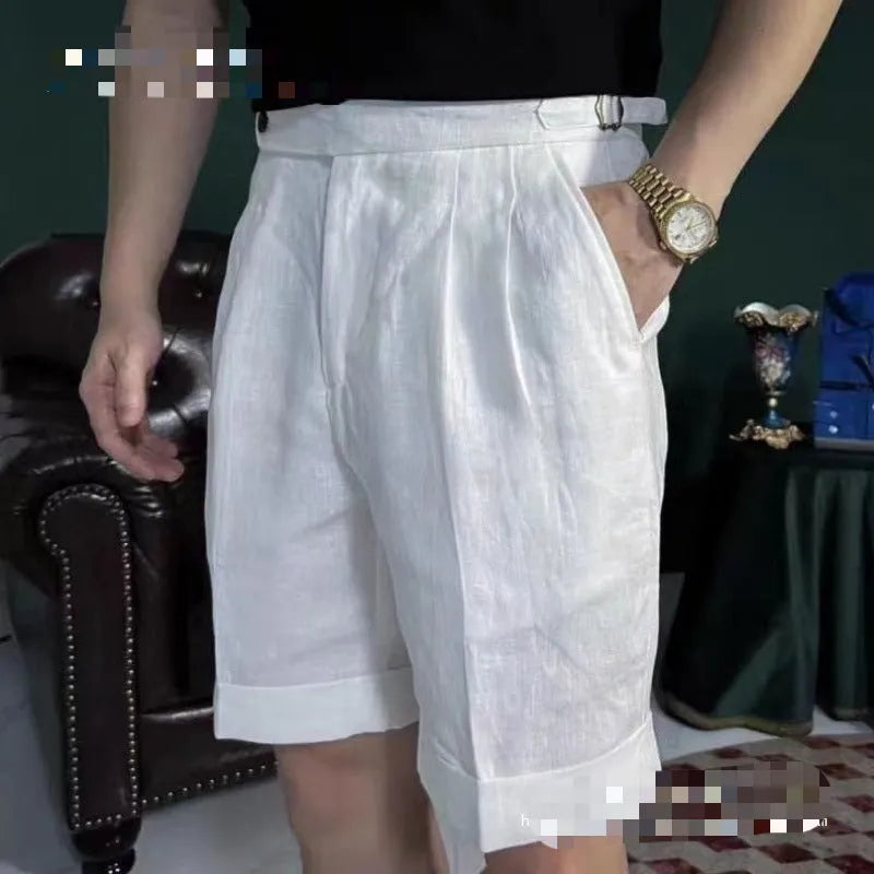 Men's linen five-point shorts in white or navy blue, cotton-linen blend, double waist, cuffed hem, sizes S to 4XL.