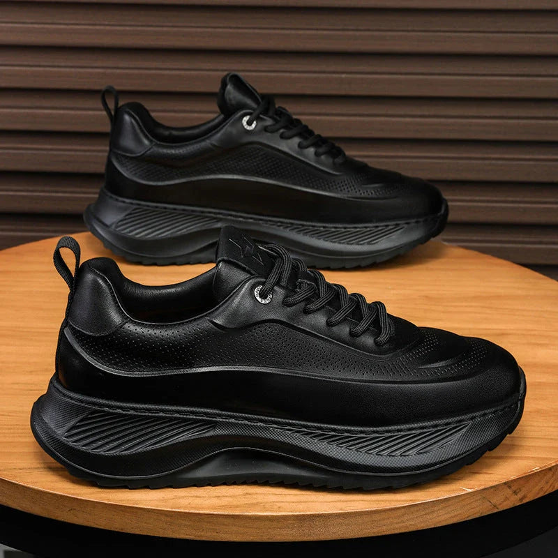 Stylish thick-sole sneakers with microfiber upper and PVC sole, available in black, beige, and beige black color options