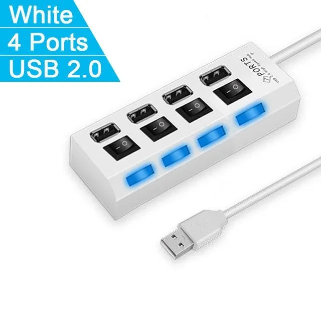 Black and white USB 3.0 hub showing 4-port and 7-port models for computer connectivity