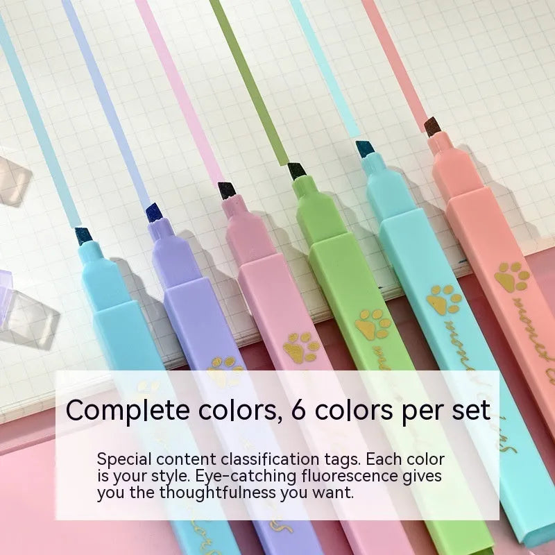 Cat's Paw fluorescent marker pen set showing six pens with oblique tips in a gift box.