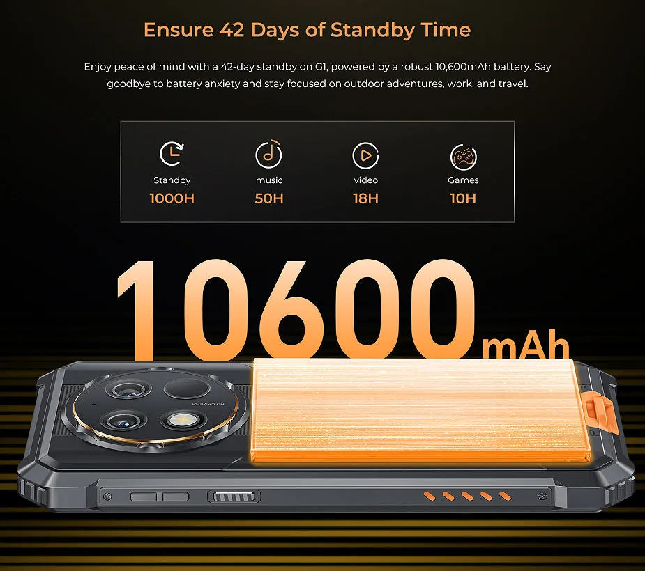 OUKITEL G1 mobile phone in green, grey, or orange colour with charger and manual