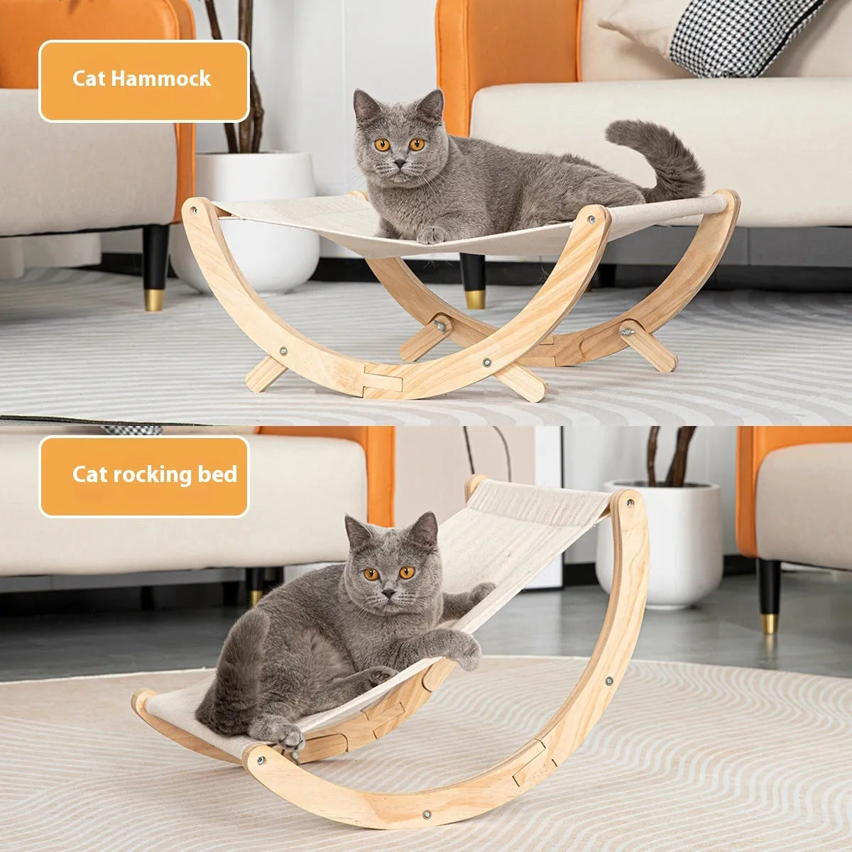 Solid wood foldable cat shaker bed hammock with canvas plush cushion