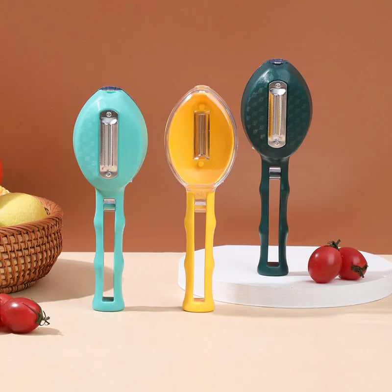 Yellow peeling knife with storage lid showing stainless steel blade and polypropylene handle