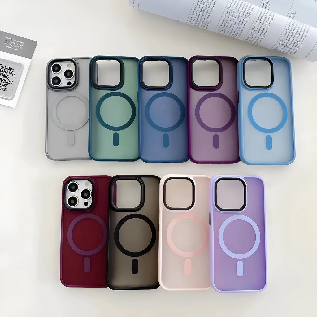 Frosted magnetic hard phone case for Apple iPhone 16 in various colours on a table.