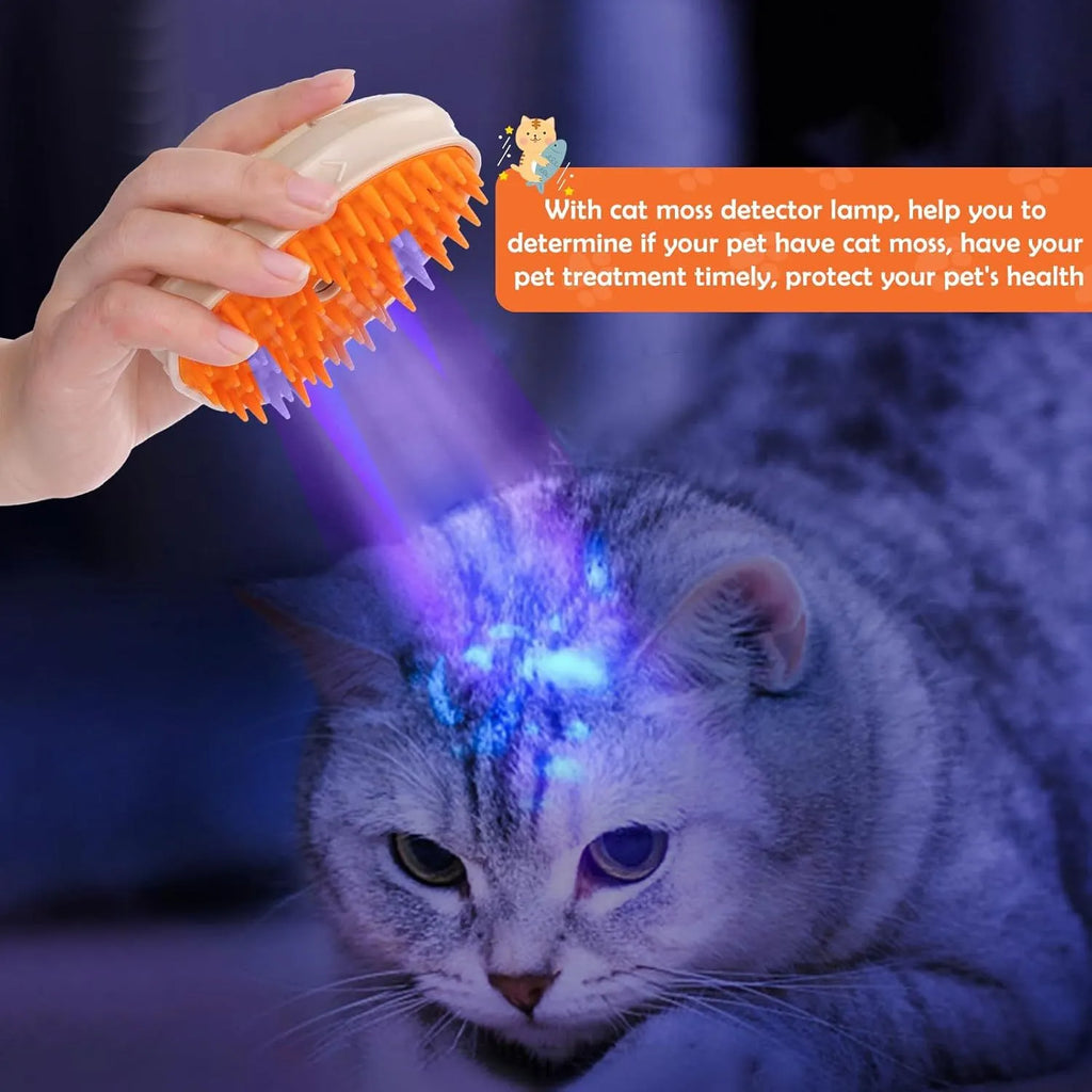 Yellow 4-in-1 cat steam brush with silicone bristles, water tank, and UV lamp for grooming and ringworm detection.