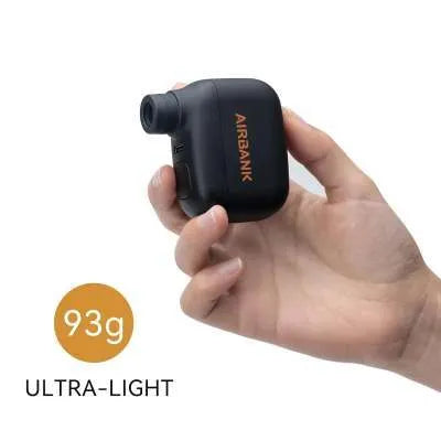 Black electric bicycle tyre inflator pump with USB charging cable and waterproof storage bag