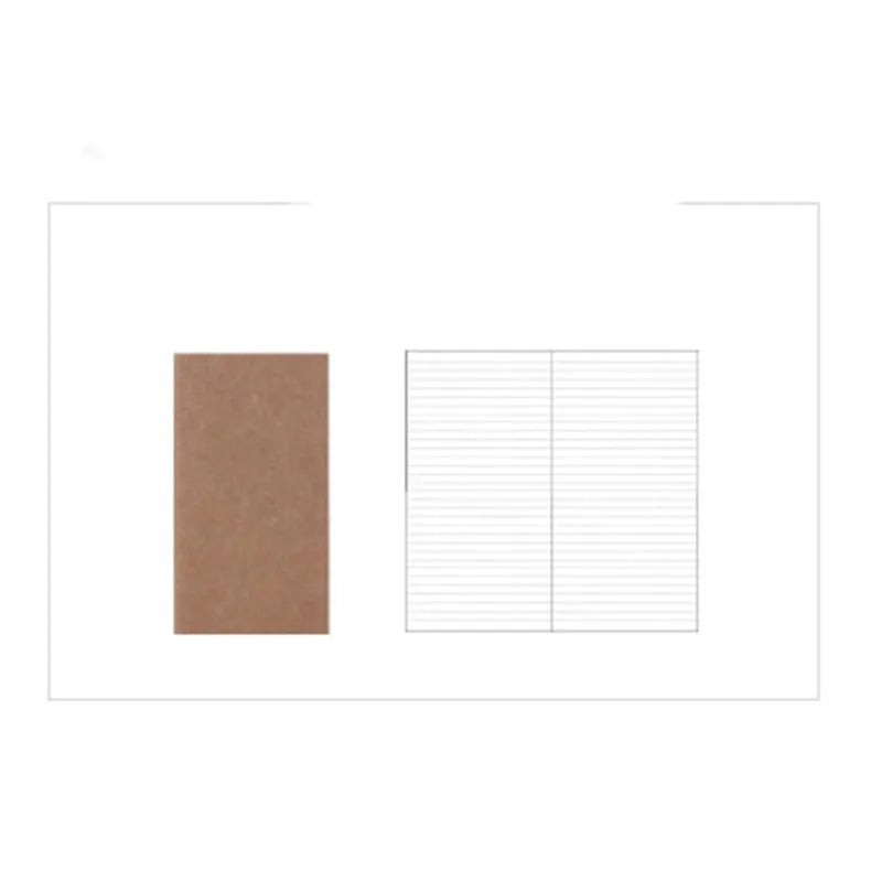 A5 kraft paper travel diary notebook with saddle stitching, open to show lined pages, on a wooden surface