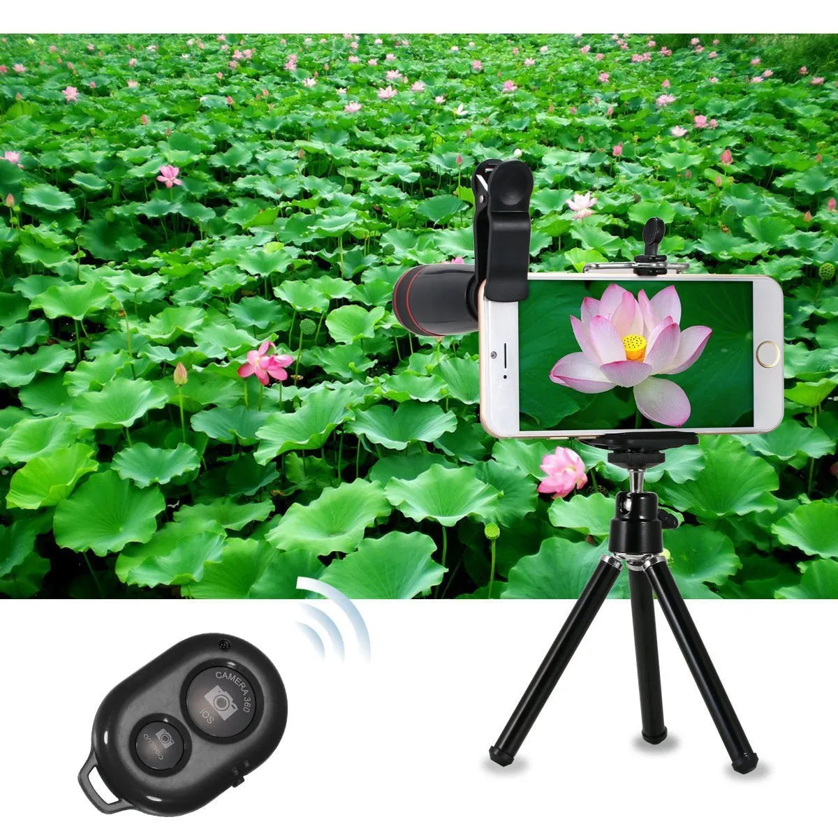 3-in-1 phone lens kit with 8x or 12x telephoto, universal clip, Bluetooth self-timer, cloth bag and lens wiping cloth