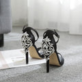 Black suede women's high heels with rhinestone decoration and fish mouth toe design