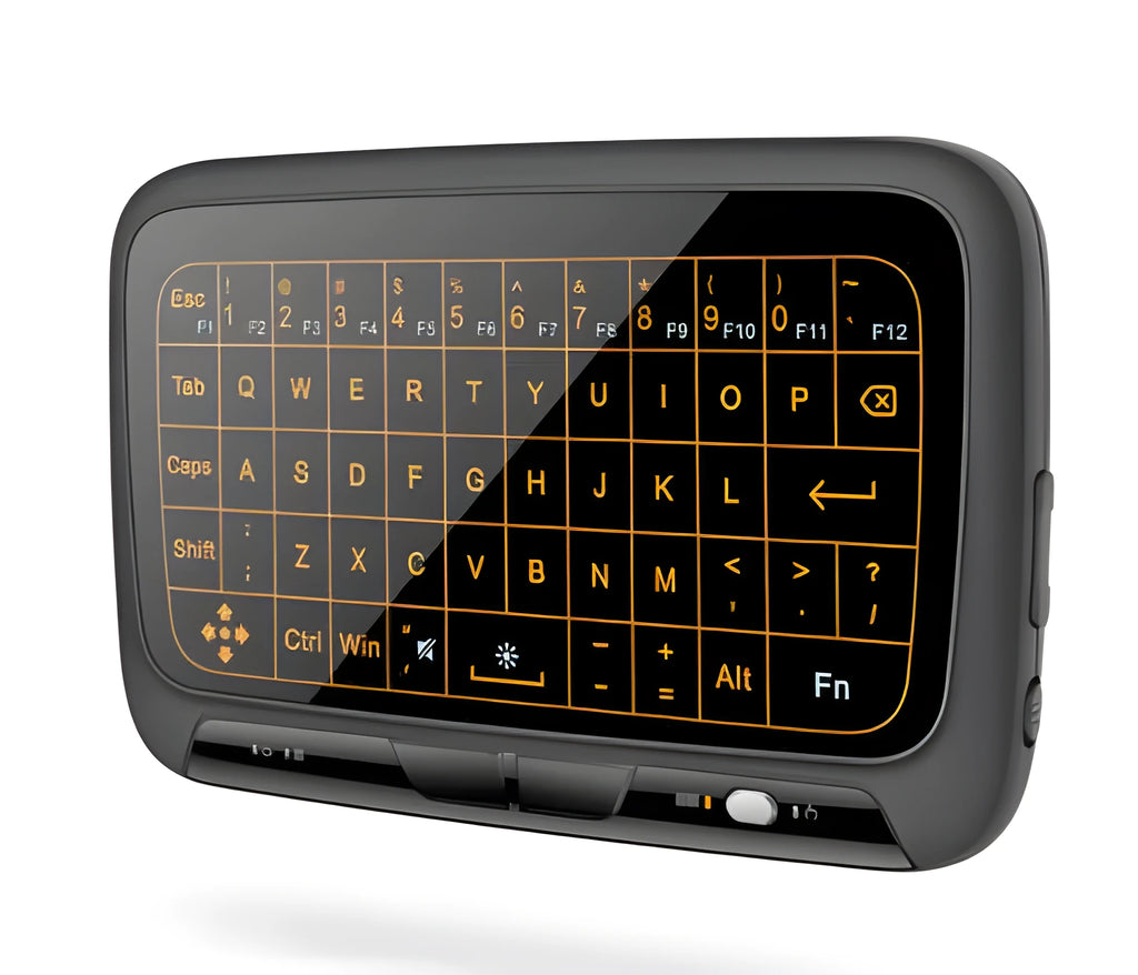 H18 mini wireless keyboard in black with touchpad, mouse wheel, and backlit keys
